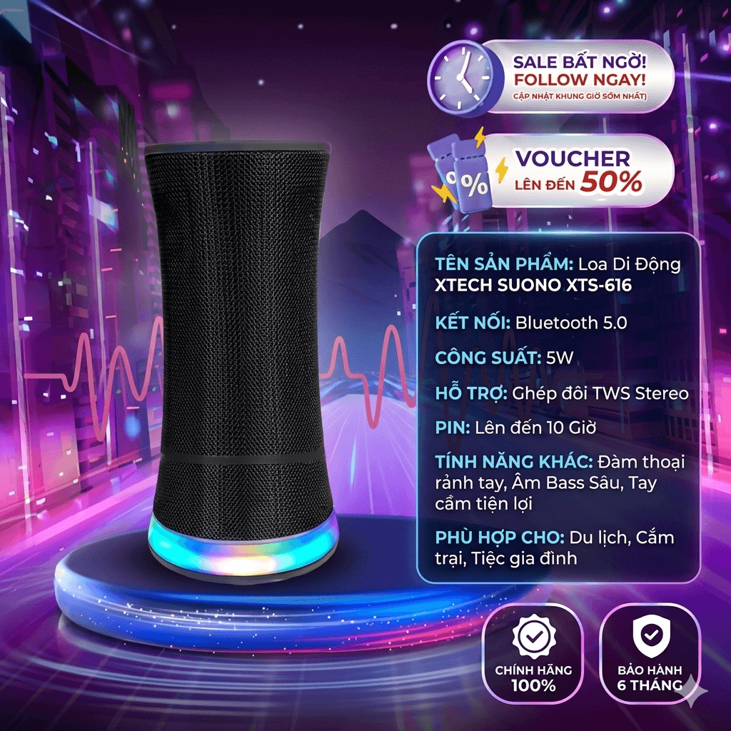 Loa Di Động XTECH SUONO XTS-616 – Bluetooth 5.0, TWS, Công Suất 5W, Pin Đến 10 Giờ