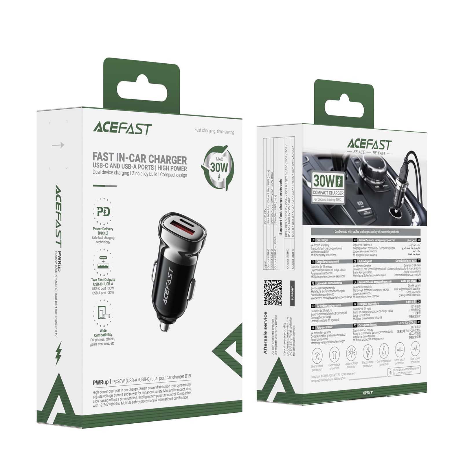 Tẩu Sạc Ô Tô ACEFAST B19 30W – USB-C PD, USB-A QC, Sạc Nhanh Chính Hãng