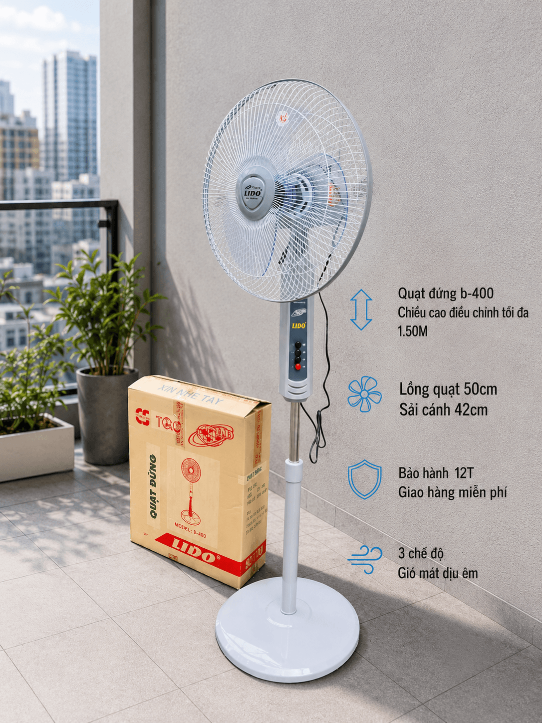 Quạt đứng Lido B-400 công suất 50w chiều cao tối đa 1.5m quạt mạnh gió êm BH 12 tháng