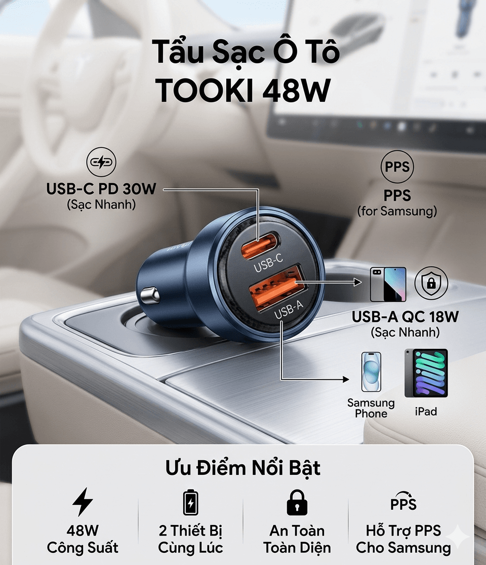 Tẩu Sạc Ô Tô TOOKI 48W – Sạc Nhanh PD 30W, QC 18W, Hỗ Trợ PPS Cho Samsung